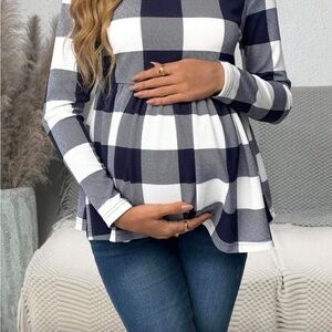 SHEIN Navy & White Buffalo Check Peplum Long Sleeve Top